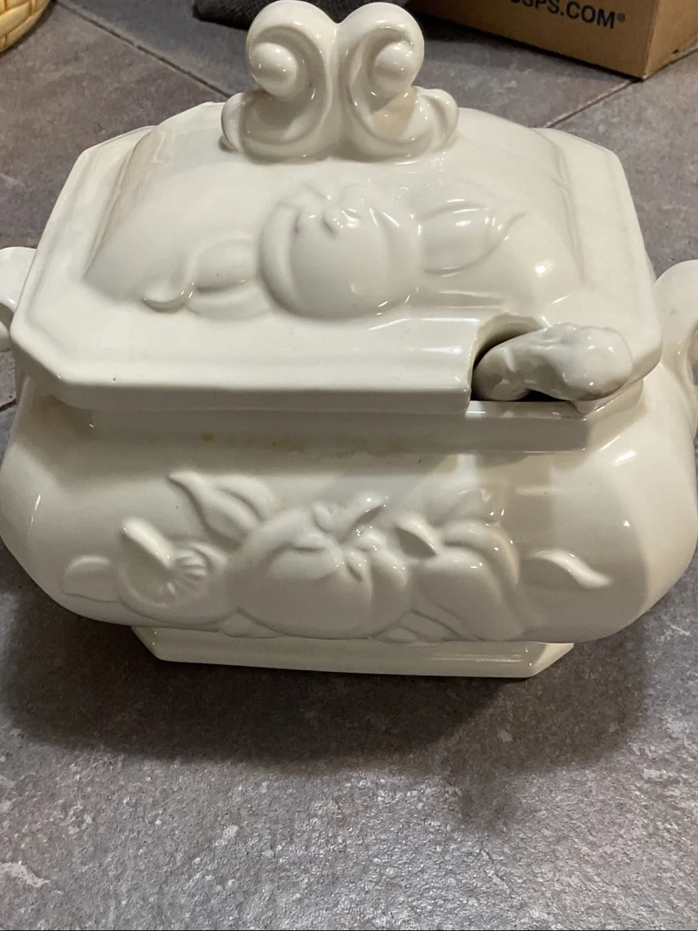 Ivory Ceramic Covered Soup Tureen with Ladle - Floral Relief
